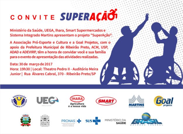 Convite para o evento “SuperAção” com dois atletas em cadeiras de rodas jogando basquete. Convite branco e azul para o evento "SuperAção", com silhuetas de dois atletas em cadeiras de rodas jogando basquete.