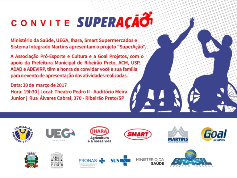 Convite para o evento “SuperAção” com dois atletas em cadeiras de rodas jogando basquete. Convite branco e azul para o evento "SuperAção", com silhuetas de dois atletas em cadeiras de rodas jogando basquete.
