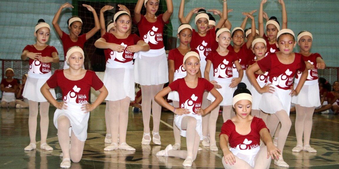 Apresentação de balé: Jovens dançarinas em uniformes vermelhos e brancos. Um grupo de dançarinas em uniformes de balé vermelhos e brancos, posando em uma quadra poliesportiva.
