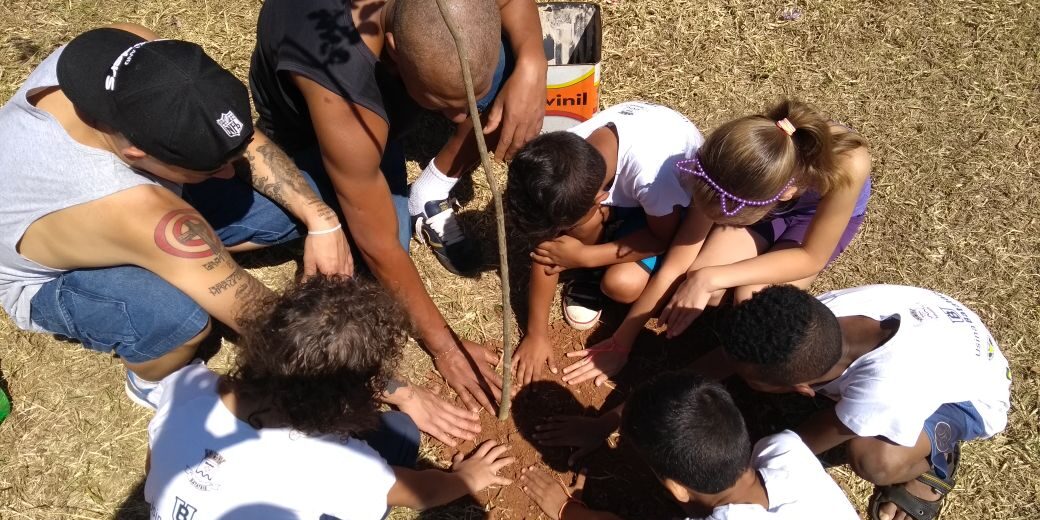 Plantio comunitário: Crianças e adultos plantam muda de árvore. Adultos e crianças com as mãos na terra plantam uma muda de árvore no chão, vista de cima.