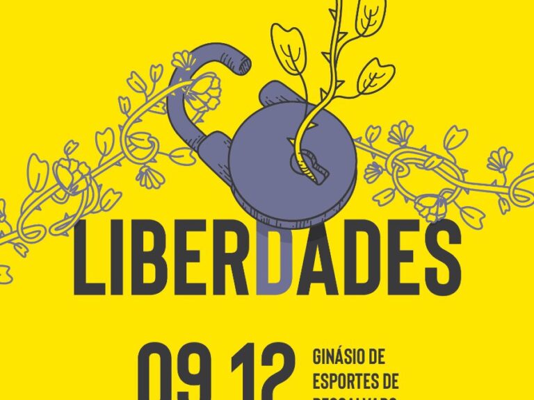 Pôster de Evento: Espetáculo “Liberdades” Pôster amarelo: "Liberdades" em destaque, com flor crescendo de um cadeado. Informa data, local e patrocinadores.