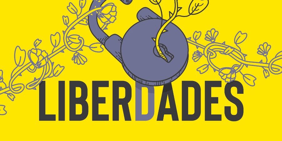 Pôster de Evento: Espetáculo “Liberdades” Pôster amarelo: "Liberdades" em destaque, com flor crescendo de um cadeado. Informa data, local e patrocinadores.
