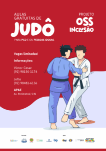 Cartaz vermelho anuncia aulas gratuitas de judô para PCD e idosos, com contatos e local do projeto OSS Inclusão. Ilustração mostra dois judocas treinando.